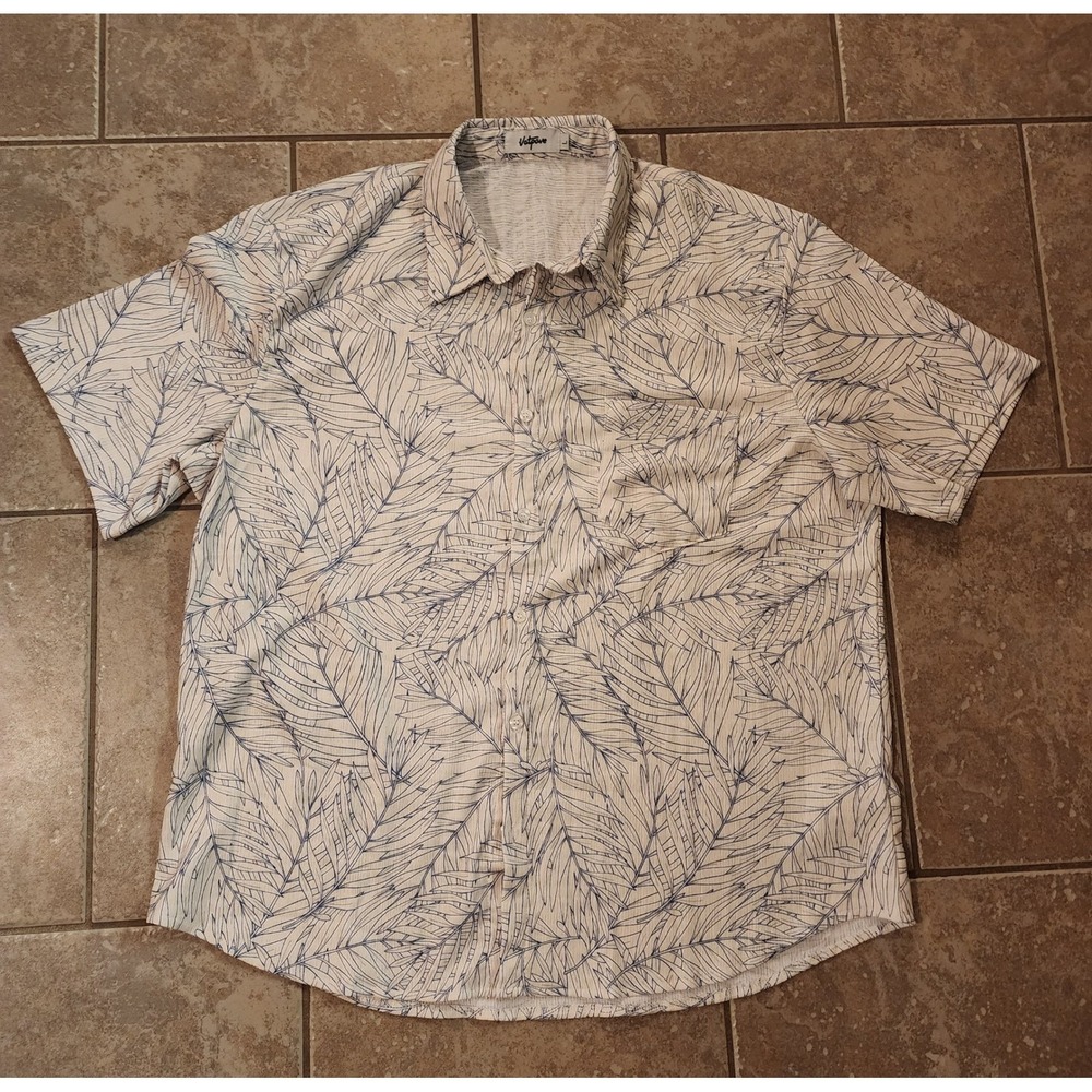 Vatpave Mens Short Sleeve Button‎ Down Shirt Blue White Tropical Palm Leaf Large